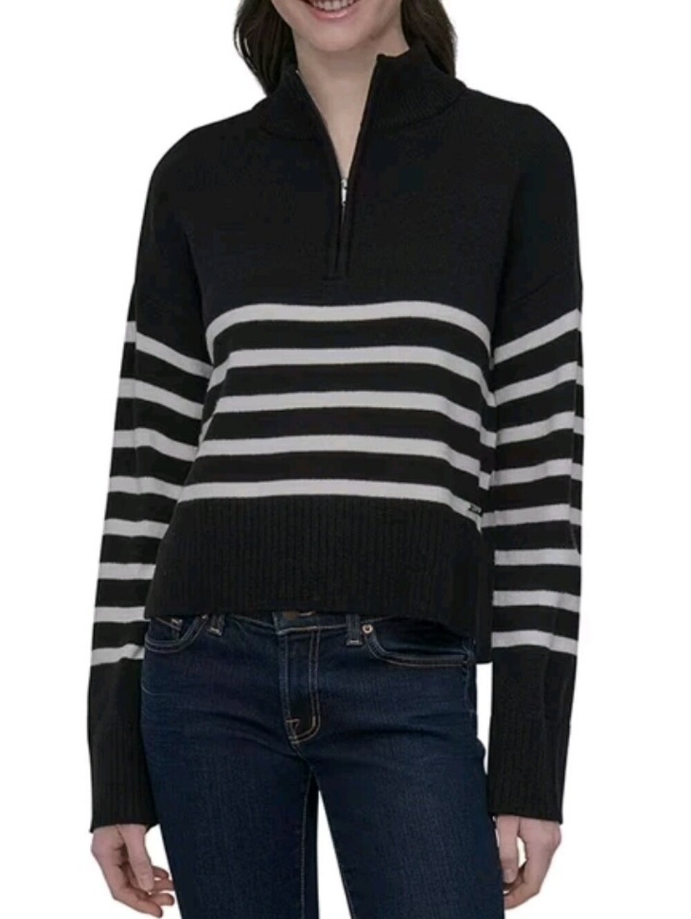 DKNY Black & White Striped Half-Zip Turtleneck Sweater